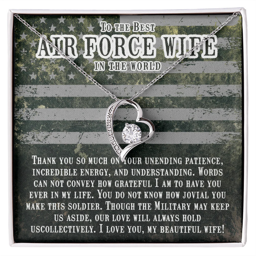 Air Force Wife Patience Forever Love CZ Heart Necklace White Gold Standard Box